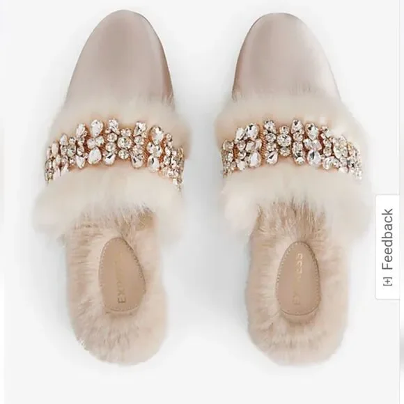 Satin Faux Fur Lined Embellished Slippers size 7-8 - Picture 4 of 5